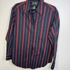 Lauren‎ Ralph Lauren Womens Striped Button-Up Shirt Size 10 Navy/Red 100% Cotton